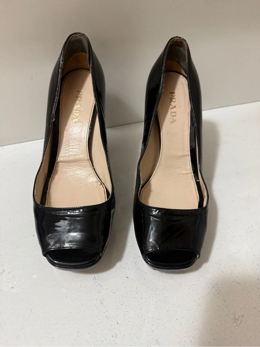Prada Black Patent Peep-Toe Heels. Chic and very comfy, perfect for wider feet